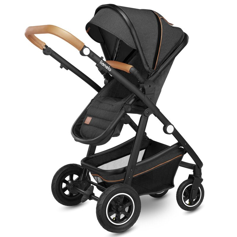 Carucior 3 in 1, Lionelo, Amber, Cadru aluminiu, Cu landou intarit si salteluta moale, Cu scoica auto testata ADAC, Reversibil, Cu accesorii, Geanta parinti, Pana la 22 kg, Gri Inchis