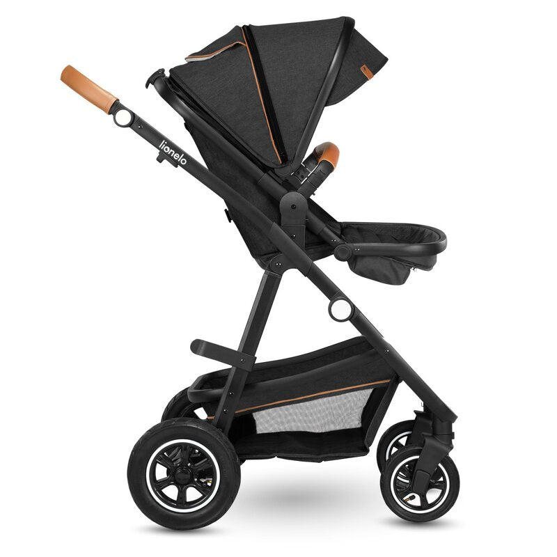 Carucior 3 in 1, Lionelo, Amber, Cadru aluminiu, Cu landou intarit si salteluta moale, Cu scoica auto testata ADAC, Reversibil, Cu accesorii, Geanta parinti, Pana la 22 kg, Gri Inchis