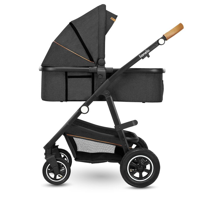 Carucior 3 in 1, Lionelo, Amber, Cadru aluminiu, Cu landou intarit si salteluta moale, Cu scoica auto testata ADAC, Reversibil, Cu accesorii, Geanta parinti, Pana la 22 kg, Gri Inchis - gogobaby.ro