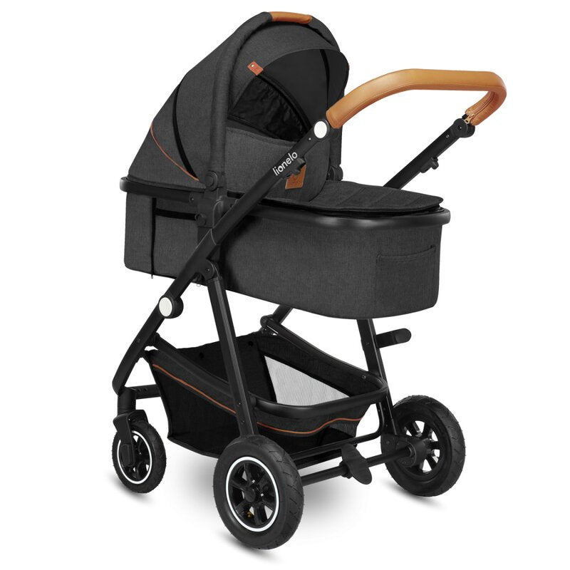 Carucior 3 in 1, Lionelo, Amber, Cadru aluminiu, Cu landou intarit si salteluta moale, Cu scoica auto testata ADAC, Reversibil, Cu accesorii, Geanta parinti, Pana la 22 kg, Gri Inchis - gogobaby.ro