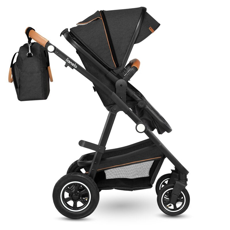 Carucior 3 in 1, Lionelo, Amber, Cadru aluminiu, Cu landou intarit si salteluta moale, Cu scoica auto testata ADAC, Reversibil, Cu accesorii, Geanta parinti, Pana la 22 kg, Gri Inchis