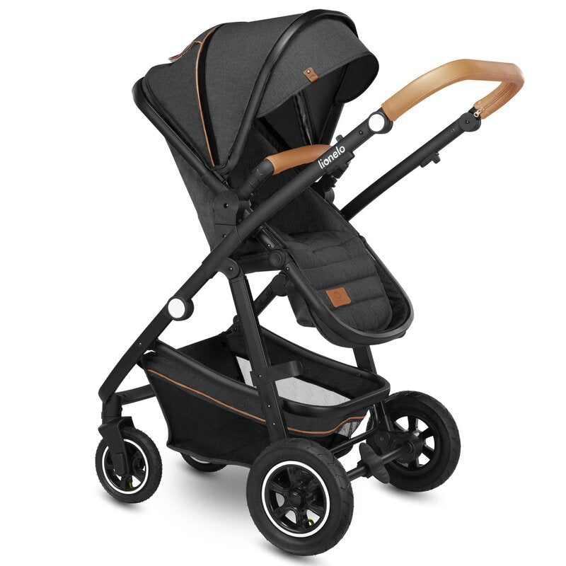 Carucior 3 in 1, Lionelo, Amber, Cadru aluminiu, Cu landou intarit si salteluta moale, Cu scoica auto testata ADAC, Reversibil, Cu accesorii, Geanta parinti, Pana la 22 kg, Gri Inchis