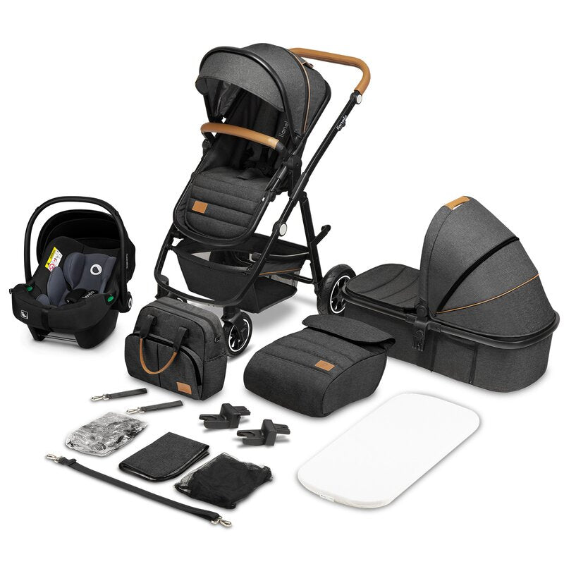 Carucior 3 in 1, Lionelo, Amber, Cadru aluminiu, Cu landou intarit si salteluta moale, Cu scoica auto testata ADAC, Reversibil, Cu accesorii, Geanta parinti, Pana la 22 kg, Gri Inchis