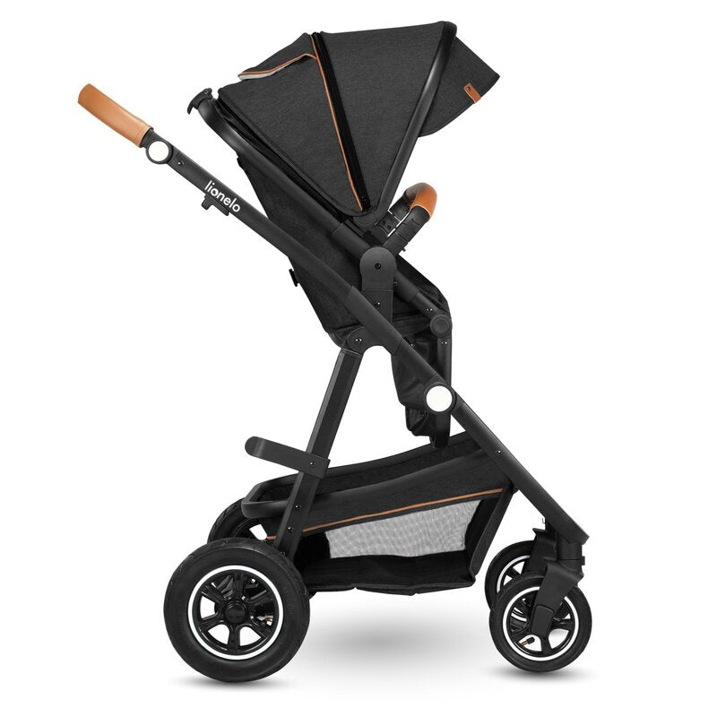 Carucior 3 in 1, Lionelo, Amber, Cadru aluminiu, Cu landou intarit si salteluta moale, Cu scoica auto testata ADAC, Reversibil, Cu accesorii, Geanta parinti, Pana la 22 kg, Gri Inchis - gogobaby.ro