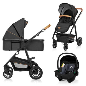 Carucior 3 in 1, Lionelo, Amber, Cadru aluminiu, Cu landou intarit si salteluta moale, Cu scoica auto testata ADAC, Reversibil, Cu accesorii, Geanta parinti, Pana la 22 kg, Gri Inchis