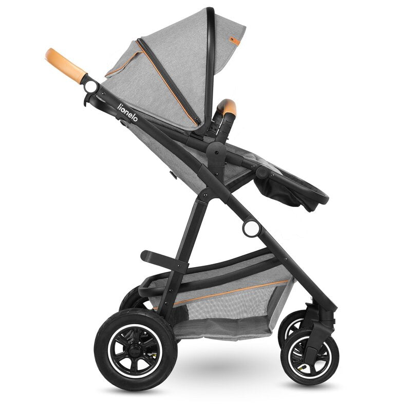 Carucior 3 in 1 Lionelo Amber, Cadru din aluminiu, Landou confortabil, Scaun auto testat ADAC, Accesorii incluse, Geanta parinti, pana la 22 kg, Certificat EN1888, Gri Deschis - gogobaby.ro