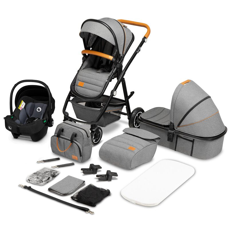 Carucior 3 in 1 Lionelo Amber, Cadru din aluminiu, Landou confortabil, Scaun auto testat ADAC, Accesorii incluse, Geanta parinti, pana la 22 kg, Certificat EN1888, Gri Deschis - gogobaby.ro