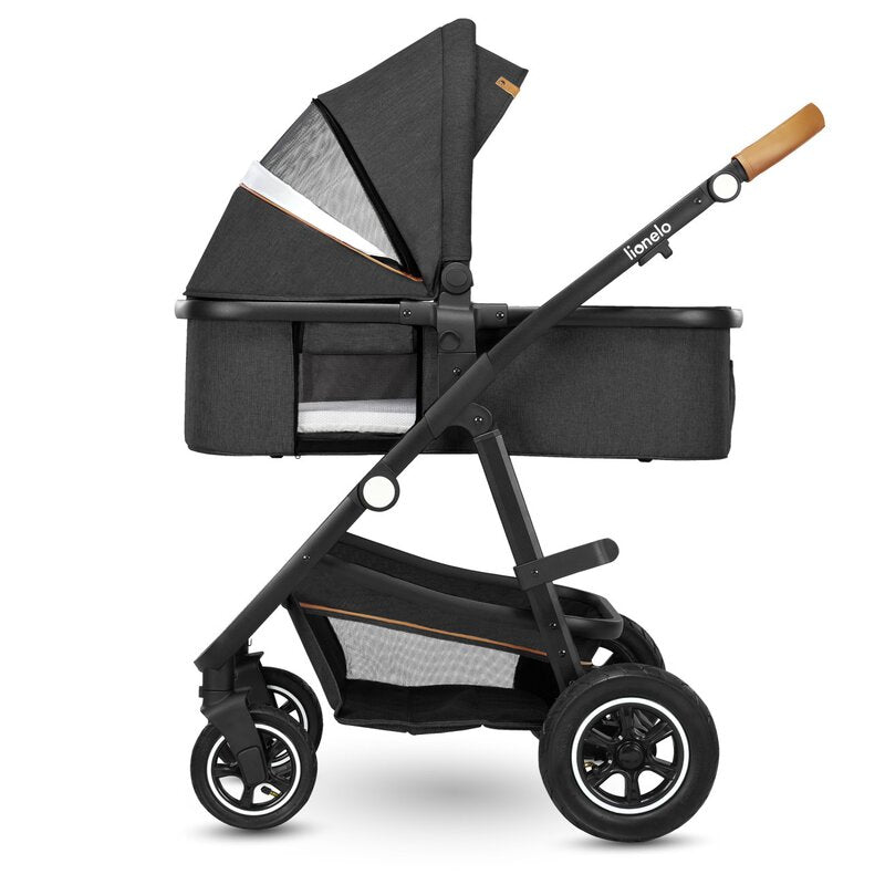Carucior 3 in 1, Lionelo, Amber, Cadru aluminiu, Cu landou intarit si salteluta moale, Cu scoica auto testata ADAC, Reversibil, Cu accesorii, Geanta parinti, Pana la 22 kg, Gri Inchis