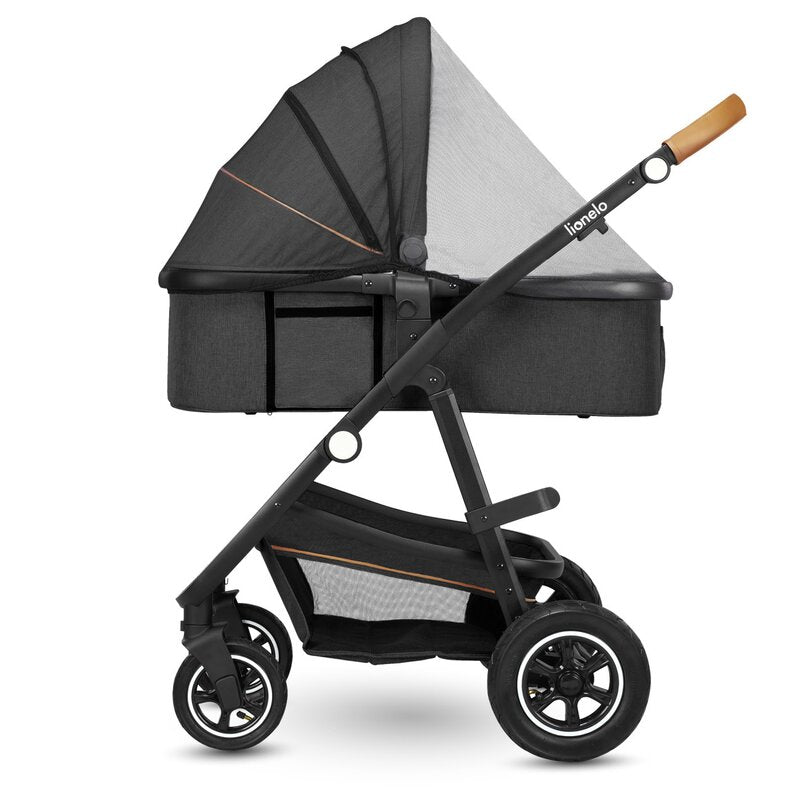 Carucior 3 in 1, Lionelo, Amber, Cadru aluminiu, Cu landou intarit si salteluta moale, Cu scoica auto testata ADAC, Reversibil, Cu accesorii, Geanta parinti, Pana la 22 kg, Gri Inchis - gogobaby.ro