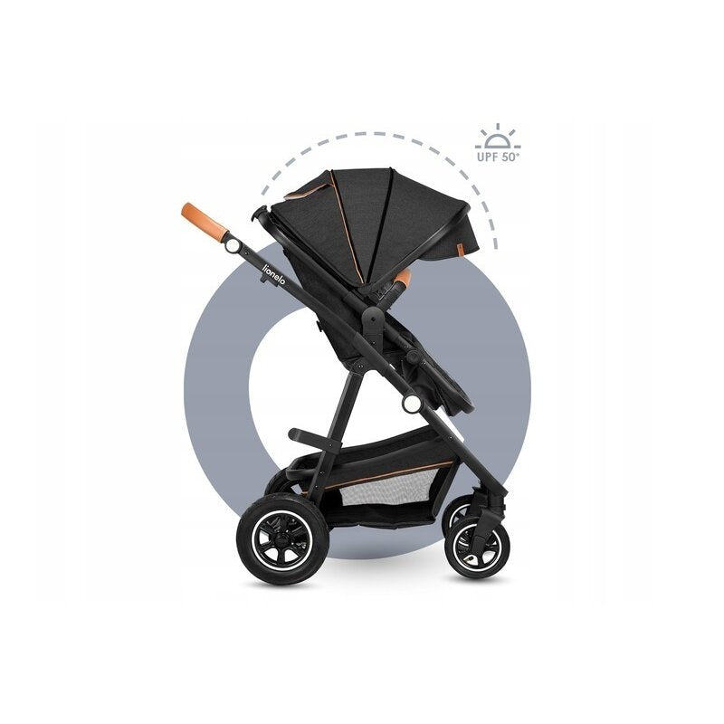 Carucior 3 in 1, Lionelo, Amber, Cadru aluminiu, Cu landou intarit si salteluta moale, Cu scoica auto testata ADAC, Reversibil, Cu accesorii, Geanta parinti, Pana la 22 kg, Gri Inchis