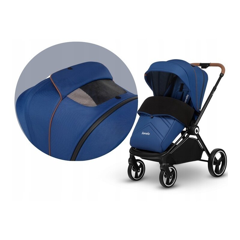Carucior 2 in 1, Lionelo, Mika, Cadru din aluminiu, Cu landou intarit si salteluta moale, Reversibil, Maner ajustabil, Plasa de tantari, Husa de ploaie, de picioare, 22 kg, Conform cu standardele europene de securitate EN1888-1 EN1888-2, EN1466, Albastru