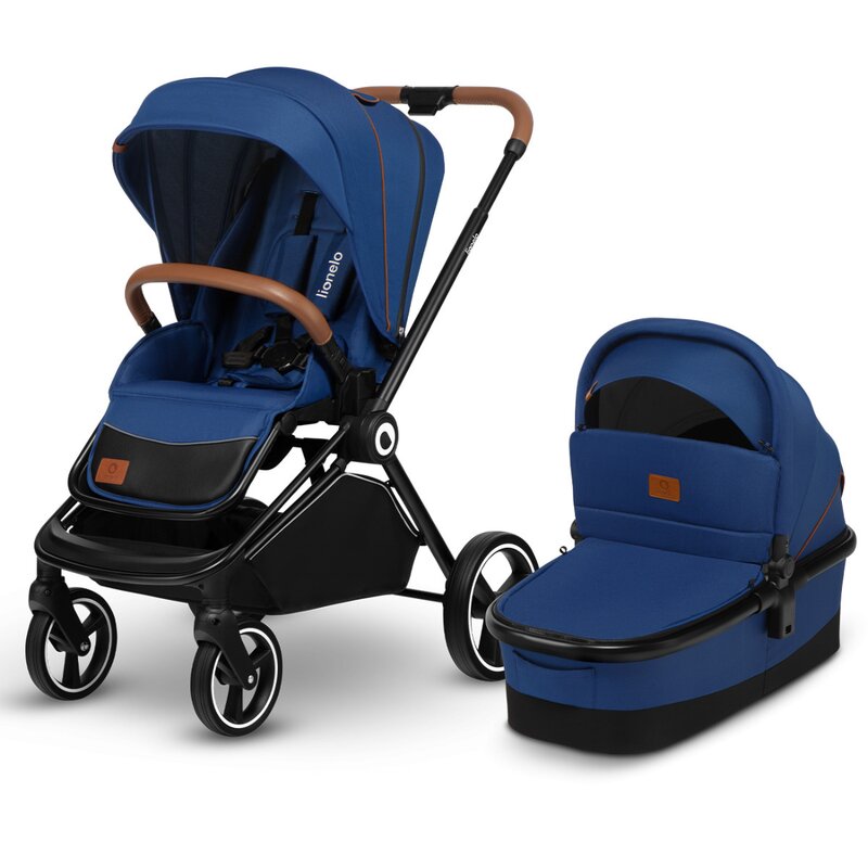 Carucior 2 in 1, Lionelo, Mika, Cadru din aluminiu, Cu landou intarit si salteluta moale, Reversibil, Maner ajustabil, Plasa de tantari, Husa de ploaie, de picioare, 22 kg, Conform cu standardele europene de securitate EN1888-1 EN1888-2, EN1466, Albastru