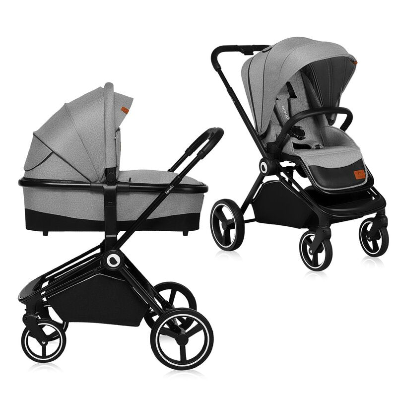 Carucior 2 in 1, Lionelo, Mika, Cadru din aluminiu, Cu landou intarit si salteluta moale, Reversibil, Maner ajustabil, Plasa de tantari, Husa de ploaie, de picioare, 22 kg, Conform cu standardele europene de securitate EN1888-1 EN1888-2, EN1466, Gri - gogobaby.ro