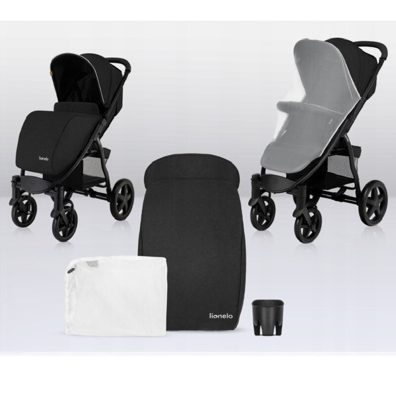 Carucior sport, Lionelo, Annet Plus, De la nastere, Cu accesorii si capotina XXL reglabila, 0 - 22 Kg, Conform cu standardele europene de securitate EN1888-1 si EN1888-2, Negru - gogobaby.ro
