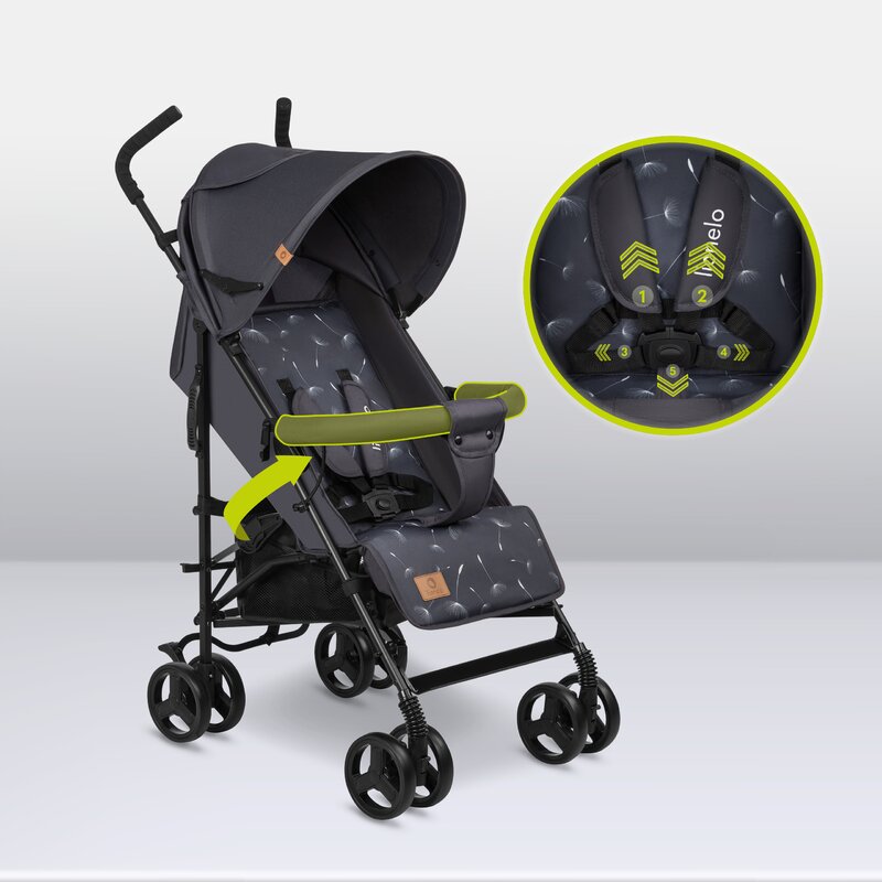 Carucior sport, Lionelo, Elia, Cu plasa de tantari, Suport de picioare reglabil, Spatar ajustabil in 4 pozitii, Capotina XXL, Pliere tip umbrela, Capacitate 15 kg, 6 luni+, EN 1888, Model papadie, Gri
