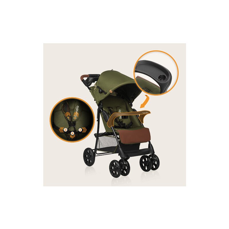 Carucior sport, Lionelo, Emma Plus, Cu tavita, 2 Suporturi pentru pahar, Geanta accesorii, Conform cu standardul european de securitate EN1888-1, Forest Green