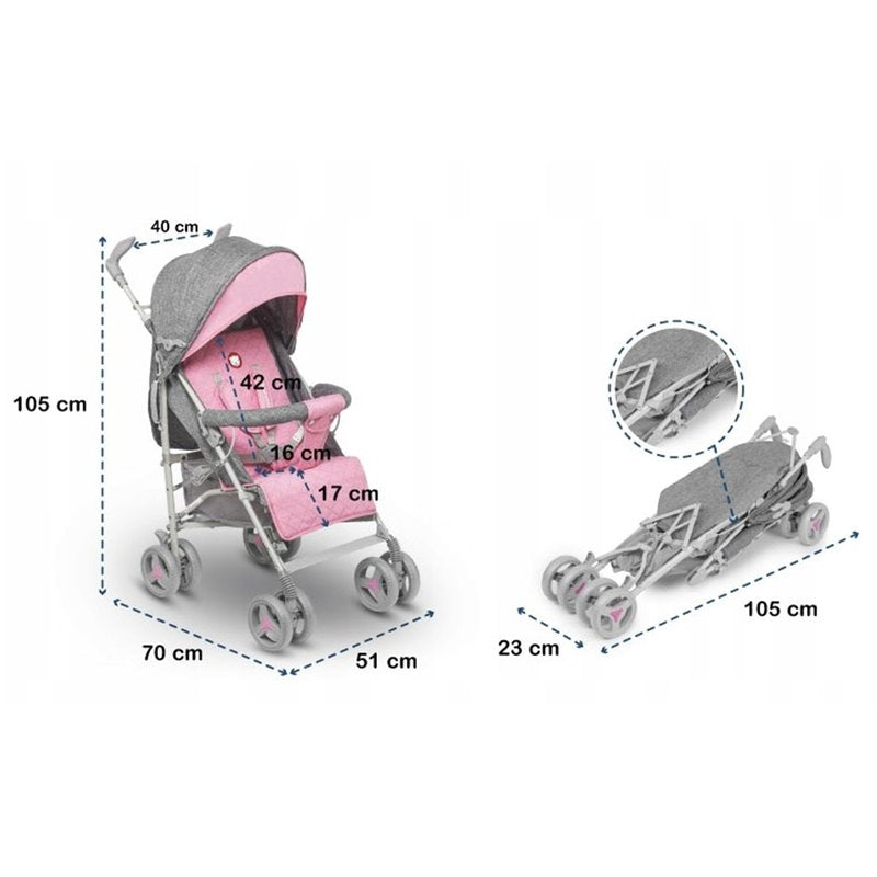 Carucior sport compact, Lionelo, Irma, Spatar ajustabil in 4 pozitii, Suport picioare reglabil, Manere rotative, Pliere tip umbrela, 6- 36 luni, Pana la 15 kg, Conform cu EN1888-1:2018, Roz
