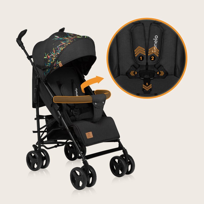 Carucior sport compact, Lionelo, Irma, Spatar ajustabil in 4 pozitii, Suport picioare reglabil, Manere rotative, Pliere tip umbrela, 6- 36 luni, Pana la 15 kg, Conform cu EN1888-1:2018, Negru