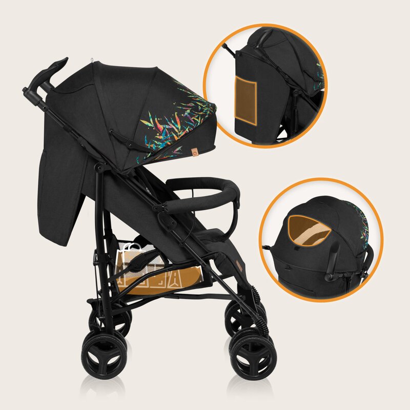 Carucior sport compact, Lionelo, Irma, Spatar ajustabil in 4 pozitii, Suport picioare reglabil, Manere rotative, Pliere tip umbrela, 6- 36 luni, Pana la 15 kg, Conform cu EN1888-1:2018, Negru