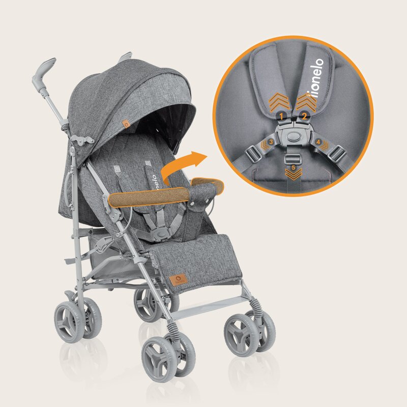 Carucior sport compact, Lionelo, Irma, Spatar ajustabil in 4 pozitii, Suport picioare reglabil, Manere rotative, Pliere tip umbrela, 6- 36 luni, Pana la 15 kg, Conform cu EN1888-1:2018, Gri