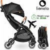 Carucior sport, Lionelo, Julie One, De la nastere, Greutate redusa, Cu accesorii, Cadru din aluminiu, 0-22 kg, Pliere compacta pentru avion, Conform cu standardele europene de securitate EN1888-1 si EN1888-2, Negru/Auriu - gogobaby.ro