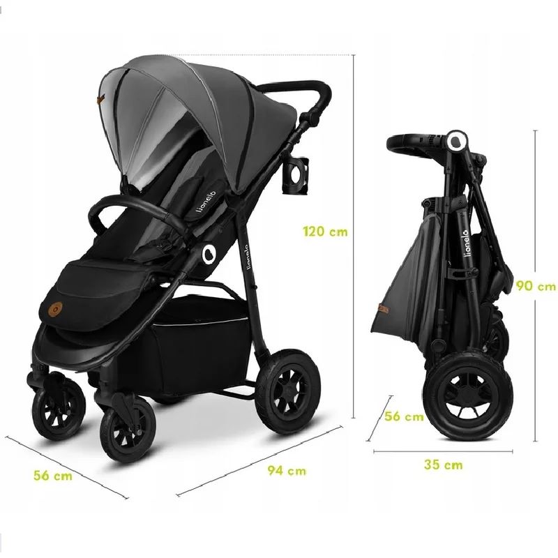Carucior sport, Lionelo, Natt, De la nastere, Cu accesorii si capotina XXL reglabila, 0 - 22 kg, Conform cu standardele europene de securitate EN1888-1, EN1888-2, Gri