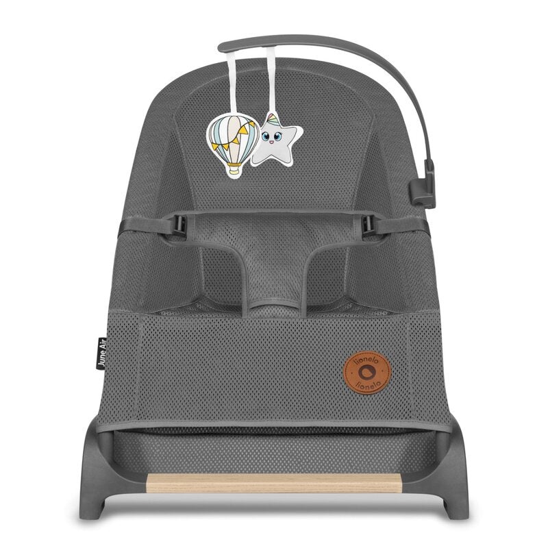 Fotoliu balansoar, Lionelo June AIR, Cu arcada cu jucarii, Ergonomic, Permite circulatia aerului, Balansare manuala, Pliabil, 0 luni+, Gri - gogobaby.ro