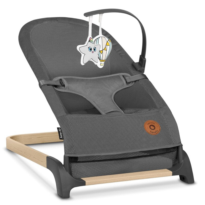 Fotoliu balansoar, Lionelo June AIR, Cu arcada cu jucarii, Ergonomic, Permite circulatia aerului, Balansare manuala, Pliabil, 0 luni+, Gri - gogobaby.ro