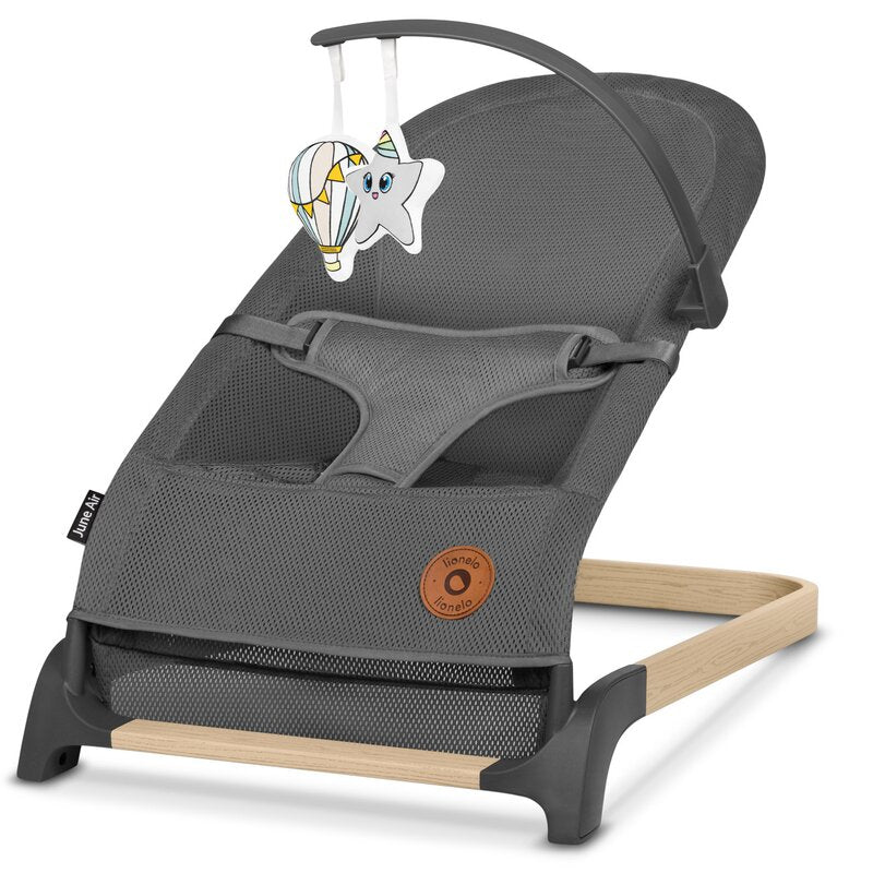 Fotoliu balansoar, Lionelo June AIR, Cu arcada cu jucarii, Ergonomic, Permite circulatia aerului, Balansare manuala, Pliabil, 0 luni+, Gri - gogobaby.ro