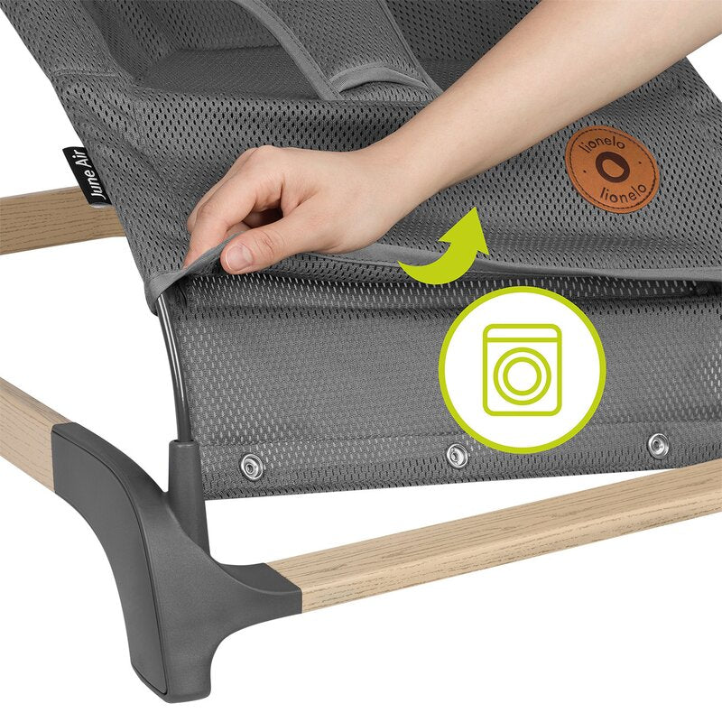 Fotoliu balansoar, Lionelo June AIR, Cu arcada cu jucarii, Ergonomic, Permite circulatia aerului, Balansare manuala, Pliabil, 0 luni+, Gri - gogobaby.ro