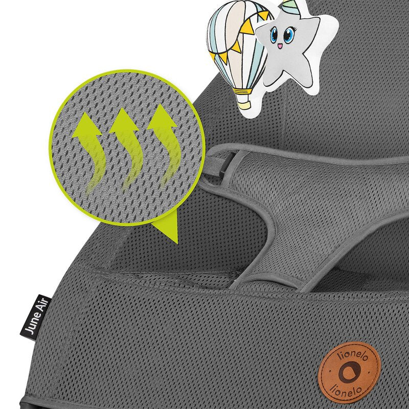 Fotoliu balansoar, Lionelo June AIR, Cu arcada cu jucarii, Ergonomic, Permite circulatia aerului, Balansare manuala, Pliabil, 0 luni+, Gri - gogobaby.ro