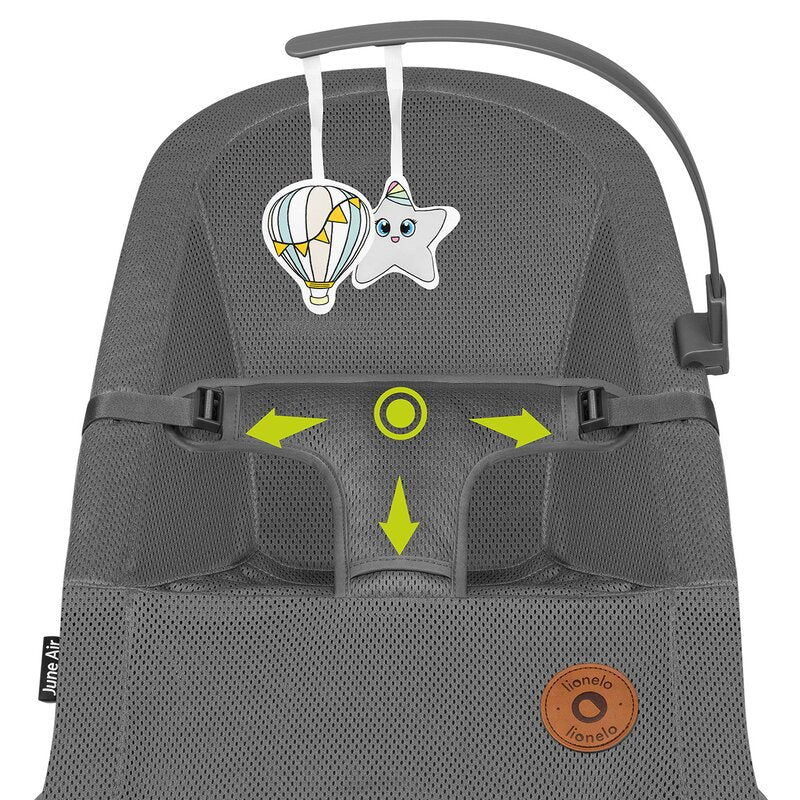 Fotoliu balansoar, Lionelo June AIR, Cu arcada cu jucarii, Ergonomic, Permite circulatia aerului, Balansare manuala, Pliabil, 0 luni+, Gri