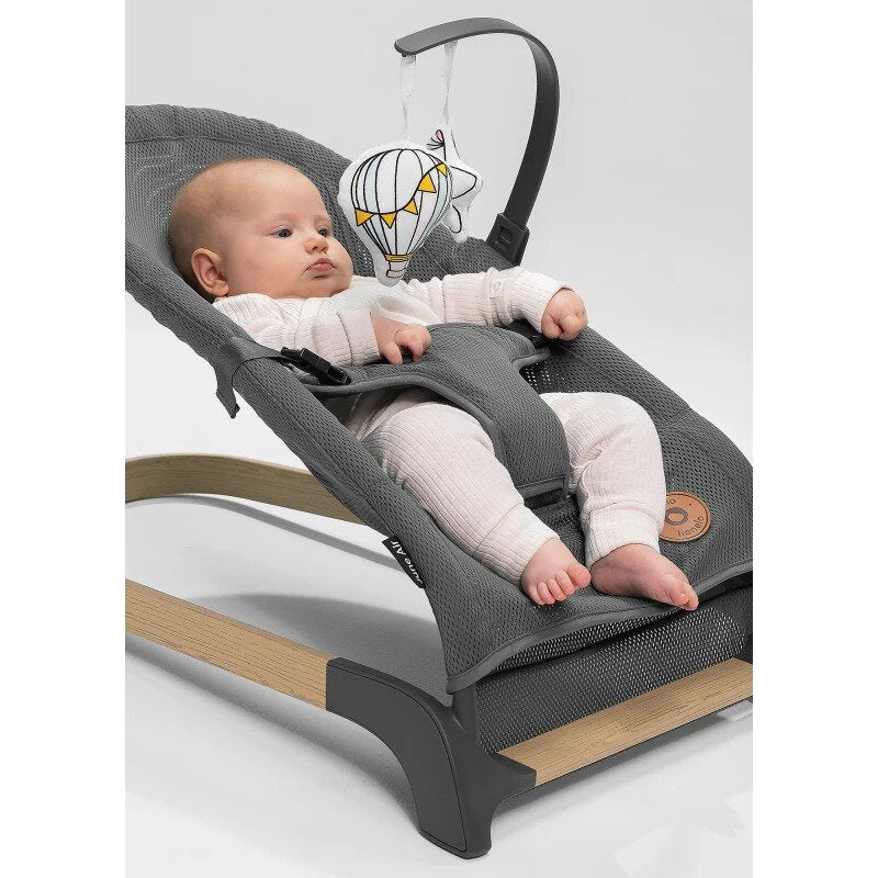 Fotoliu balansoar, Lionelo June AIR, Cu arcada cu jucarii, Ergonomic, Permite circulatia aerului, Balansare manuala, Pliabil, 0 luni+, Gri