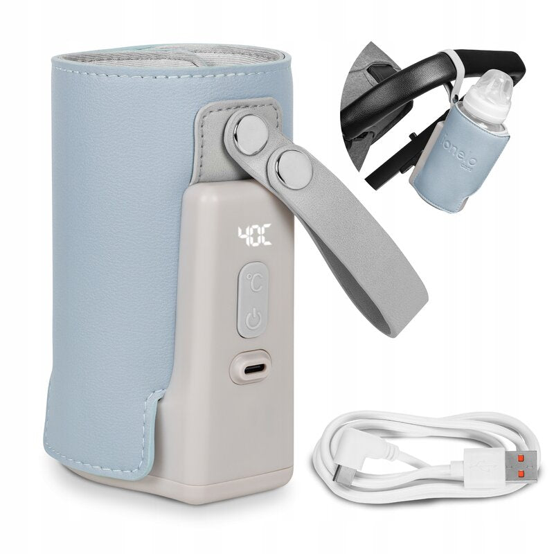 Incalzitor biberoane, Lionelo, ThermUp Go Plus, Portabil, Cu aspect elegant, Temperatura constanta pana la 24 h, Incarcare USB, Albastru deschis - gogobaby.ro