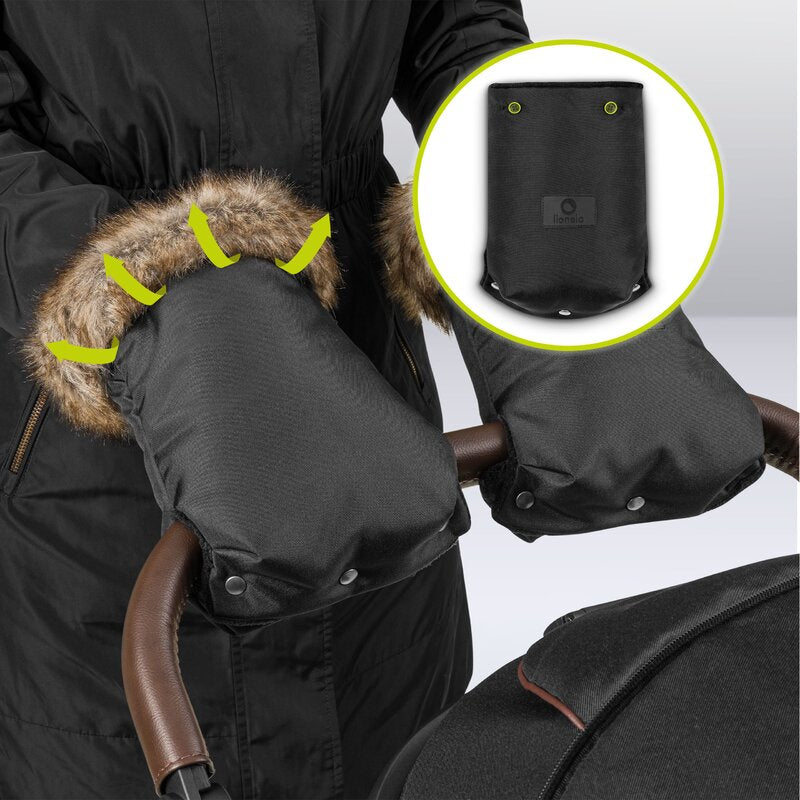 Manusi termice pentru carucior, Lionelo, Universale, Impermeabile, Interior din lana, Cu blana ecologica detasabila, Negru - gogobaby.ro