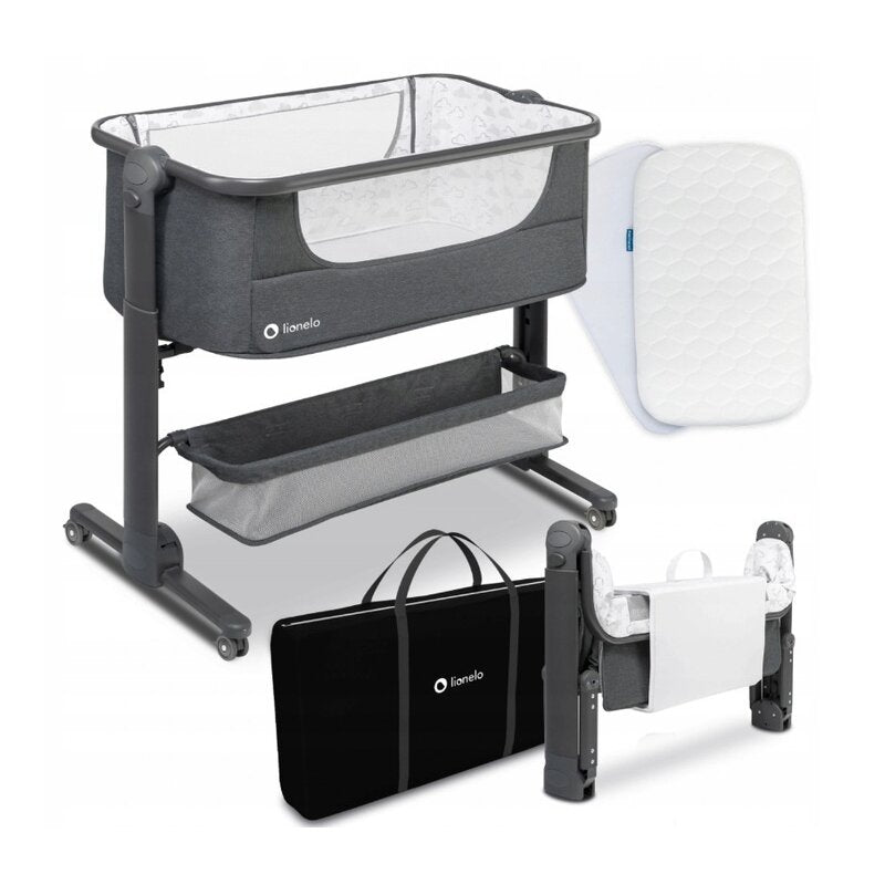 Patut co-sleeper, Lionelo, Timon, 3 in 1, Pliabil, Cu setare unghiulara, Reglabil in 6 pozitii pe inaltime, Din Aluminiu, 90x50 cm, Conform cu standardele europeane de securitate EN1130 si EN16890, Gri