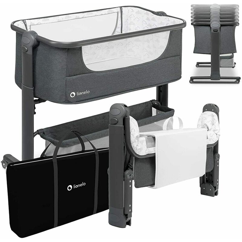 Patut co-sleeper, Lionelo, Timon, 3 in 1, Pliabil, Cu setare unghiulara, Reglabil in 6 pozitii pe inaltime, Din Aluminiu, 90x50 cm, Conform cu standardele europeane de securitate EN1130 si EN16890, Gri