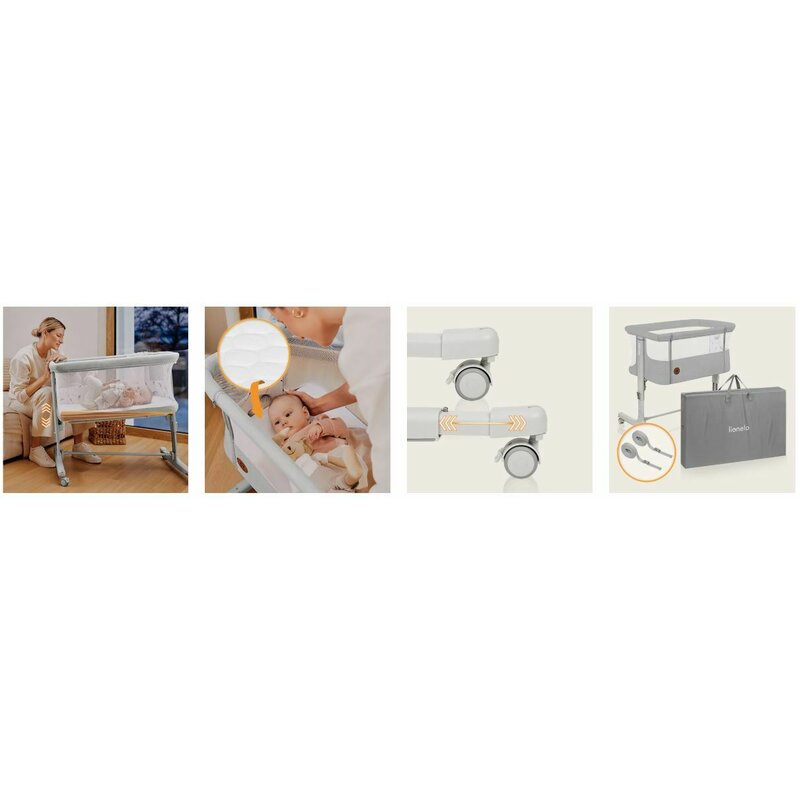 Patut co-sleeper, Lionelo, Aurora, 3 in 1, Cu leganare si setare unghiulara, Include saltea cu densitate T25 si geanta transport, Reglabil in 5 pozitii, Pana la 9 kg, 0 luni+, 85x60x66 cm, Certificari EN 1130:2019+AC:2020, EN 16890:2, Gri deschis