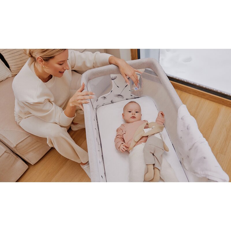 Patut co-sleeper, Lionelo, Aurora, 3 in 1, Cu leganare si setare unghiulara, Include saltea cu densitate T25 si geanta transport, Reglabil in 5 pozitii, Pana la 9 kg, 0 luni+, 85x60x66 cm, Certificari EN 1130:2019+AC:2020, EN 16890:2, Gri deschis - gogobaby.ro