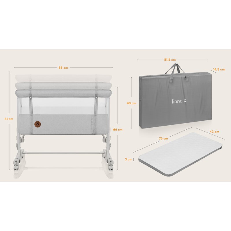 Patut co-sleeper, Lionelo, Aurora, 3 in 1, Cu leganare si setare unghiulara, Include saltea cu densitate T25 si geanta transport, Reglabil in 5 pozitii, Pana la 9 kg, 0 luni+, 85x60x66 cm, Certificari EN 1130:2019+AC:2020, EN 16890:2, Gri deschis - gogobaby.ro