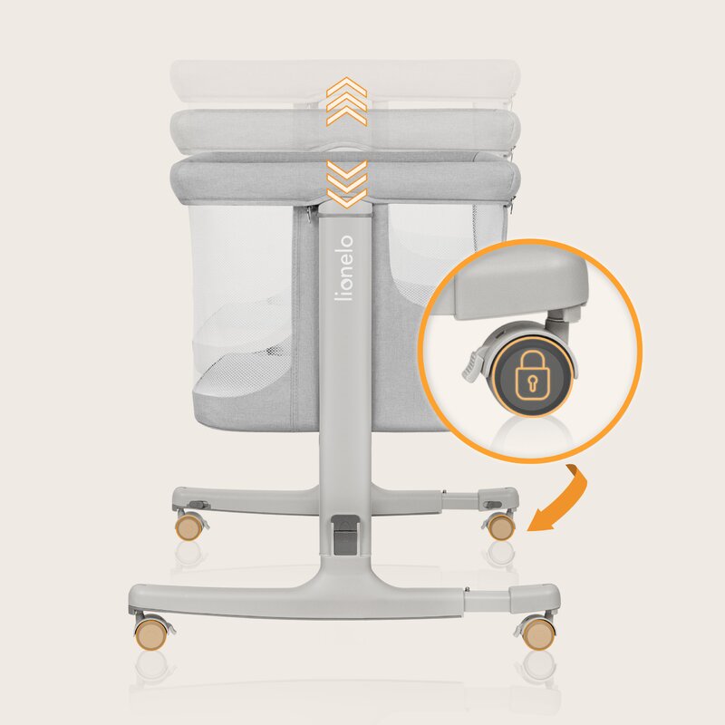 Patut co-sleeper, Lionelo, Aurora, 3 in 1, Cu leganare si setare unghiulara, Include saltea cu densitate T25 si geanta transport, Reglabil in 5 pozitii, Pana la 9 kg, 0 luni+, 85x60x66 cm, Certificari EN 1130:2019+AC:2020, EN 16890:2, Gri deschis