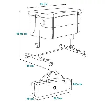 Patut co-sleeper, Lionelo, Aurora, 3 in 1, Cu leganare si setare unghiulara, Include saltea cu densitate T25 si geanta transport, Reglabil in 5 pozitii, Pana la 9 kg, 0 luni+, 85x60x66 cm, Certificari EN 1130:2019+AC:2020, EN 16890:2, Gri deschis