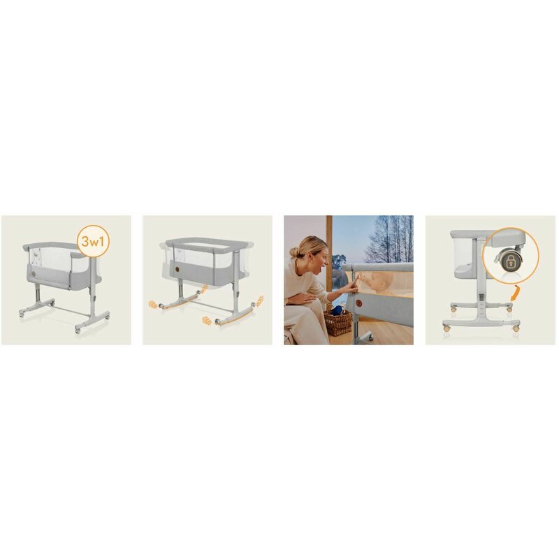 Patut co-sleeper, Lionelo, Aurora, 3 in 1, Cu leganare si setare unghiulara, Include saltea cu densitate T25 si geanta transport, Reglabil in 5 pozitii, Pana la 9 kg, 0 luni+, 85x60x66 cm, Certificari EN 1130:2019+AC:2020, EN 16890:2, Gri deschis - gogobaby.ro