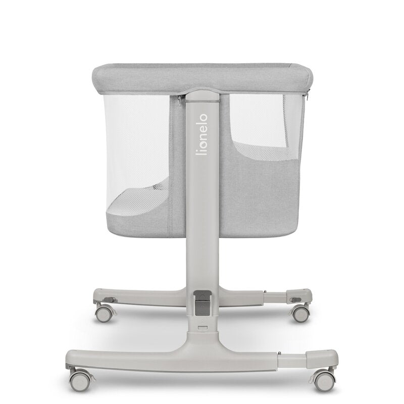 Patut co-sleeper, Lionelo, Aurora, 3 in 1, Cu leganare si setare unghiulara, Include saltea cu densitate T25 si geanta transport, Reglabil in 5 pozitii, Pana la 9 kg, 0 luni+, 85x60x66 cm, Certificari EN 1130:2019+AC:2020, EN 16890:2, Gri deschis