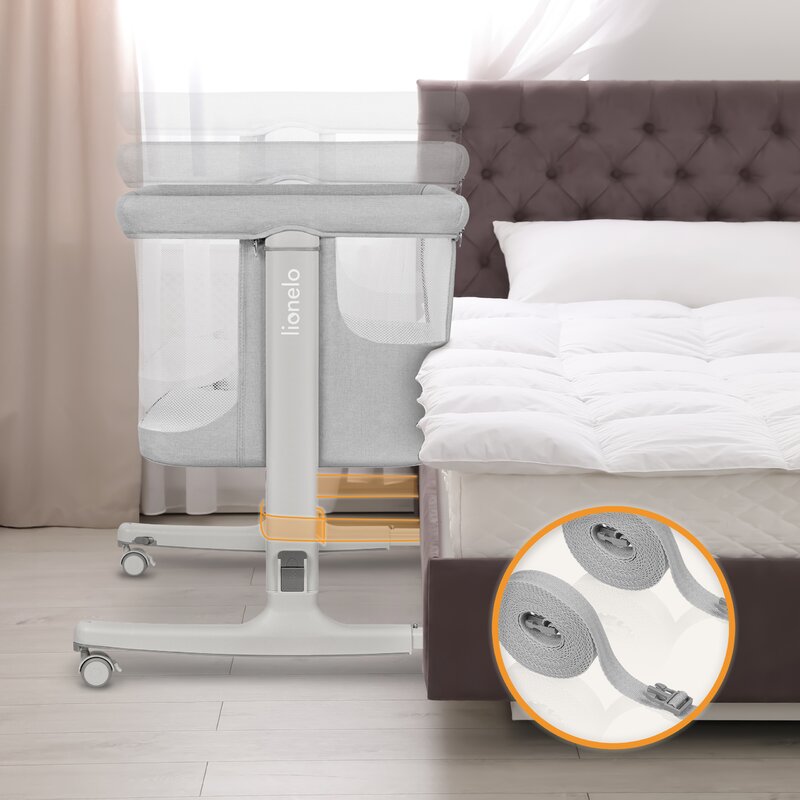 Patut co-sleeper, Lionelo, Aurora, 3 in 1, Cu leganare si setare unghiulara, Include saltea cu densitate T25 si geanta transport, Reglabil in 5 pozitii, Pana la 9 kg, 0 luni+, 85x60x66 cm, Certificari EN 1130:2019+AC:2020, EN 16890:2, Gri deschis - gogobaby.ro