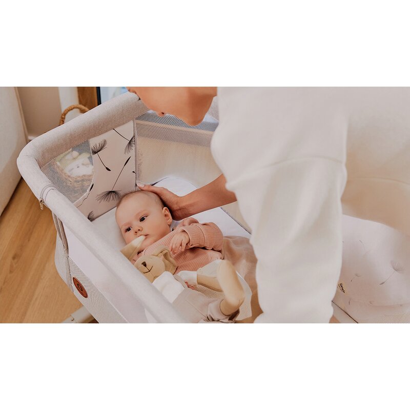 Patut co-sleeper, Lionelo, Aurora, 3 in 1, Cu leganare si setare unghiulara, Include saltea cu densitate T25 si geanta transport, Reglabil in 5 pozitii, Pana la 9 kg, 0 luni+, 85x60x66 cm, Certificari EN 1130:2019+AC:2020, EN 16890:2, Gri deschis - gogobaby.ro