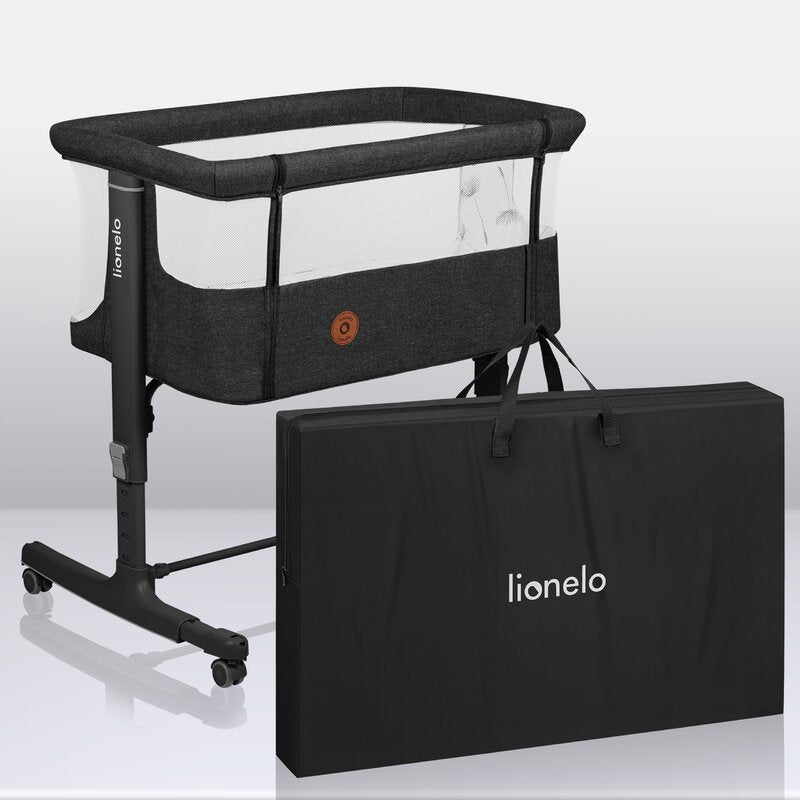 Patut co-sleeper, Lionelo, Aurora, 3 in 1, Cu leganare si setare unghiulara, Include saltea cu densitate T25 si geanta transport, Reglabil in 5 pozitii pe inaltime, Pana la 9 kg, 0 luni+, Conform cu EN 1130:2019+AC:2020, EN 16890:2, Gri inchis - gogobaby.ro