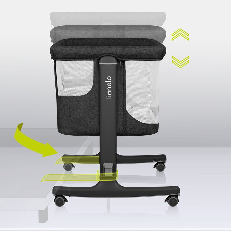 Patut co-sleeper, Lionelo, Aurora, 3 in 1, Cu leganare si setare unghiulara, Include saltea cu densitate T25 si geanta transport, Reglabil in 5 pozitii pe inaltime, Pana la 9 kg, 0 luni+, Conform cu EN 1130:2019+AC:2020, EN 16890:2, Gri inchis - gogobaby.ro
