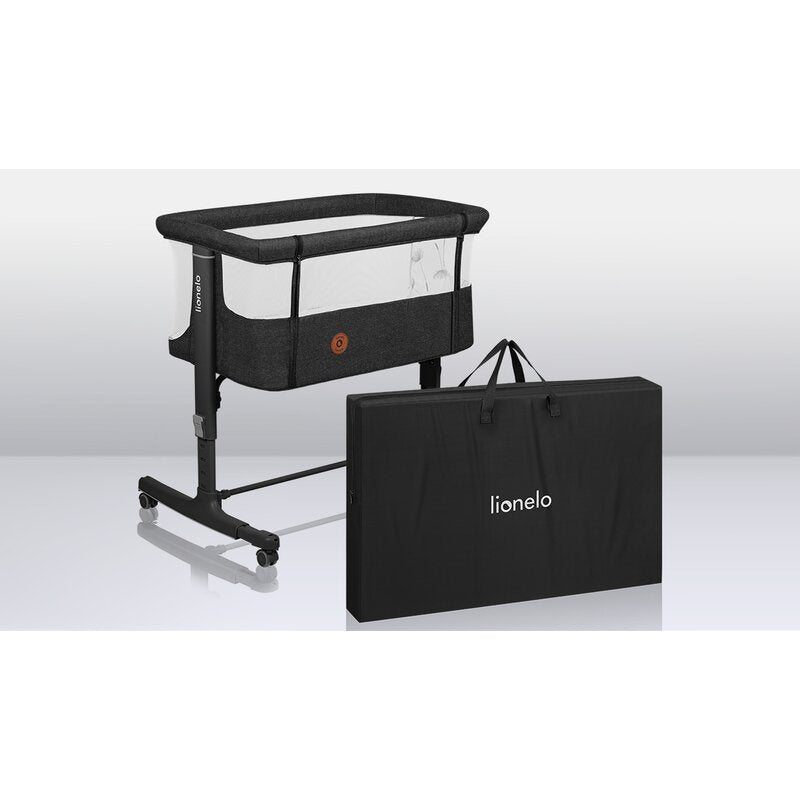 Patut co-sleeper, Lionelo, Aurora, 3 in 1, Cu leganare si setare unghiulara, Include saltea cu densitate T25 si geanta transport, Reglabil in 5 pozitii pe inaltime, Pana la 9 kg, 0 luni+, Conform cu EN 1130:2019+AC:2020, EN 16890:2, Gri inchis - gogobaby.ro