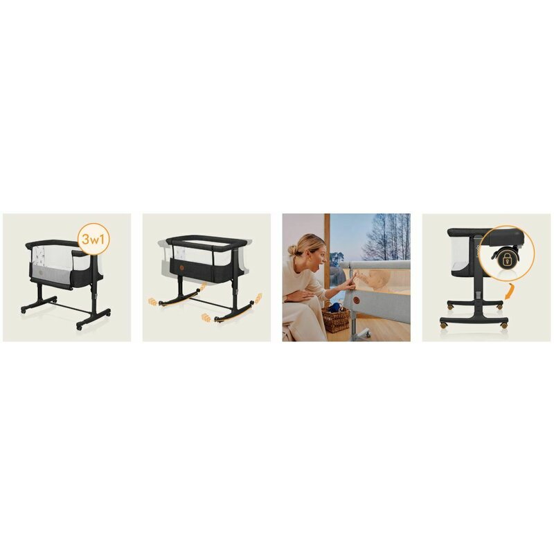 Patut co-sleeper, Lionelo, Aurora, 3 in 1, Cu leganare si setare unghiulara, Include saltea cu densitate T25 si geanta transport, Reglabil in 5 pozitii pe inaltime, Pana la 9 kg, 0 luni+, Conform cu EN 1130:2019+AC:2020, EN 16890:2, Gri inchis - gogobaby.ro